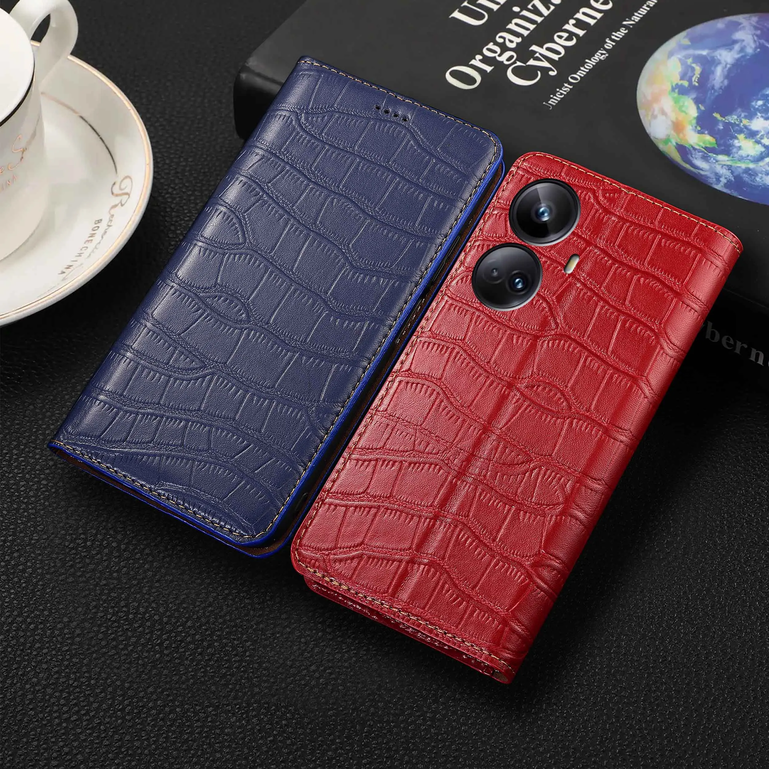 

For Realme X XT X2 X3 3 5 6 7 8 8i 9 9i 10 Pro Plus Crocodile Belly Pattern Genuine Leather Wallet Flip Phone Cover Case Cowhide