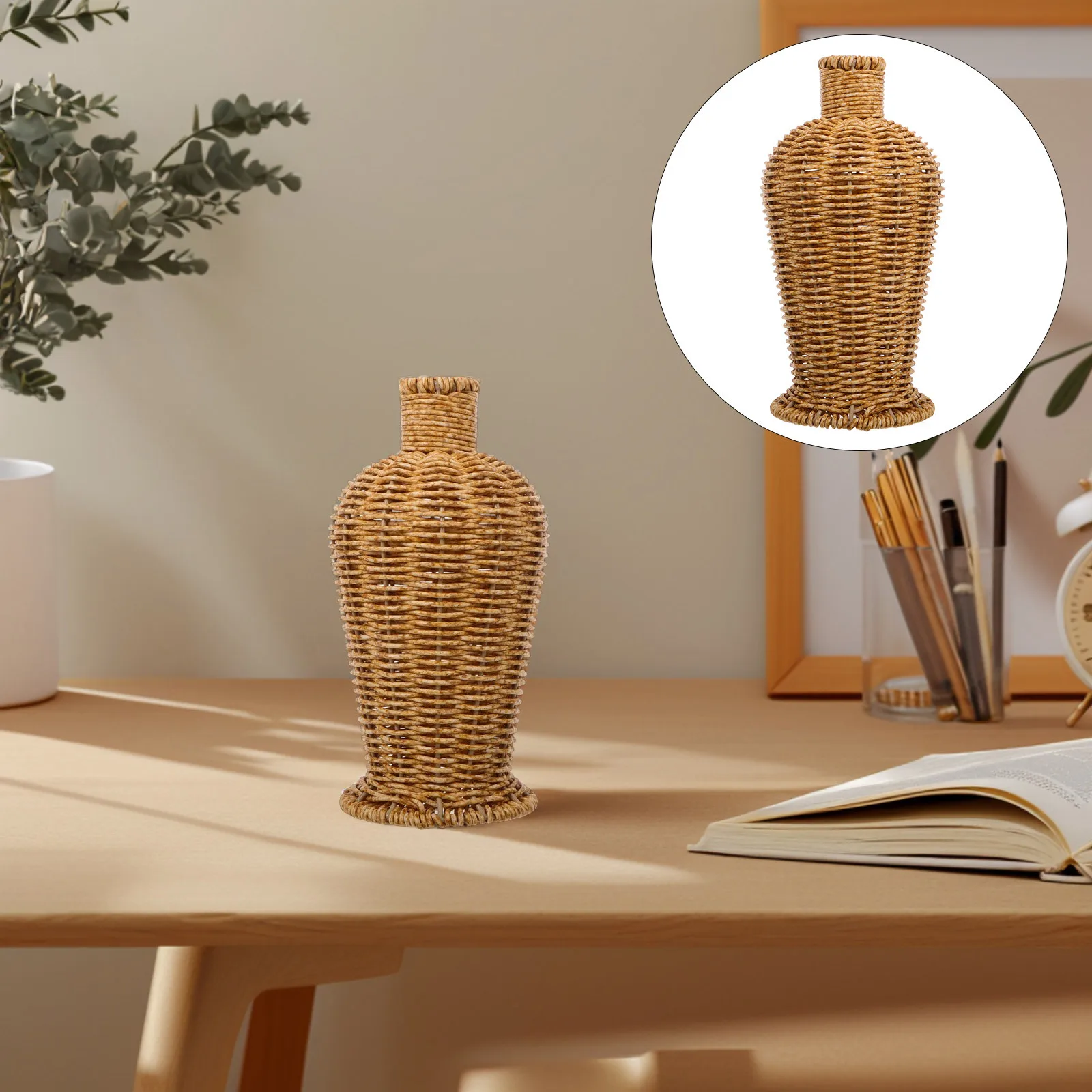 

Flower Vase Centerpiece Imitation Rattan Woven Light Brown Plastic Decorative Basket For Living Room Bedroom Home Wedding Boho
