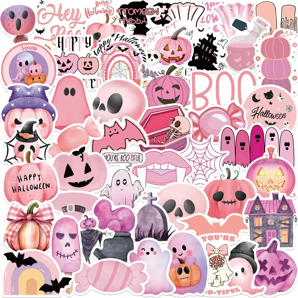 

50PCS Kawaii Pink Halloween Ghost Skull Pumpkin Stickers Notebook Guitar Skateboard Waterproof Cute Decorative Sticker Toy