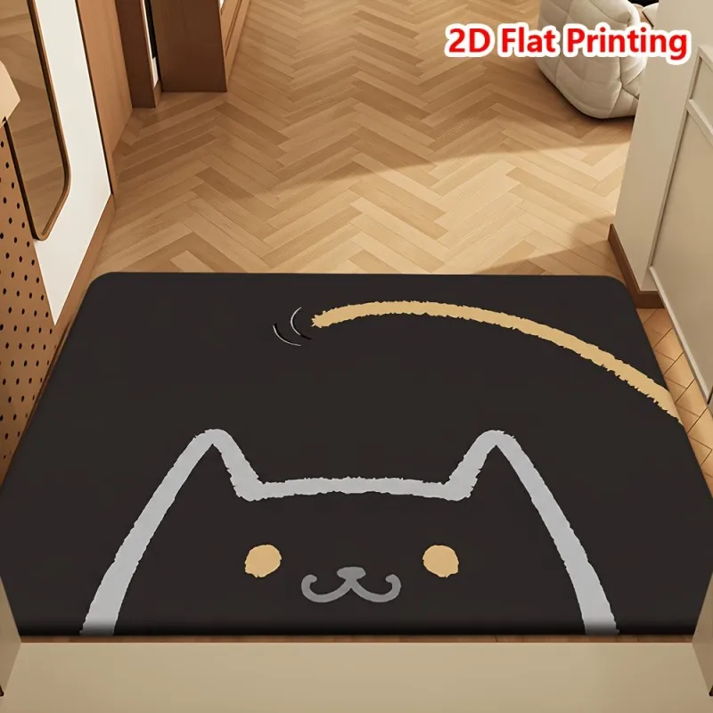 Minimalist Line Drawing Black Cat Wagging Tail Print Decor Entrance Carpet, Simple Cartoon For Family Vestibule