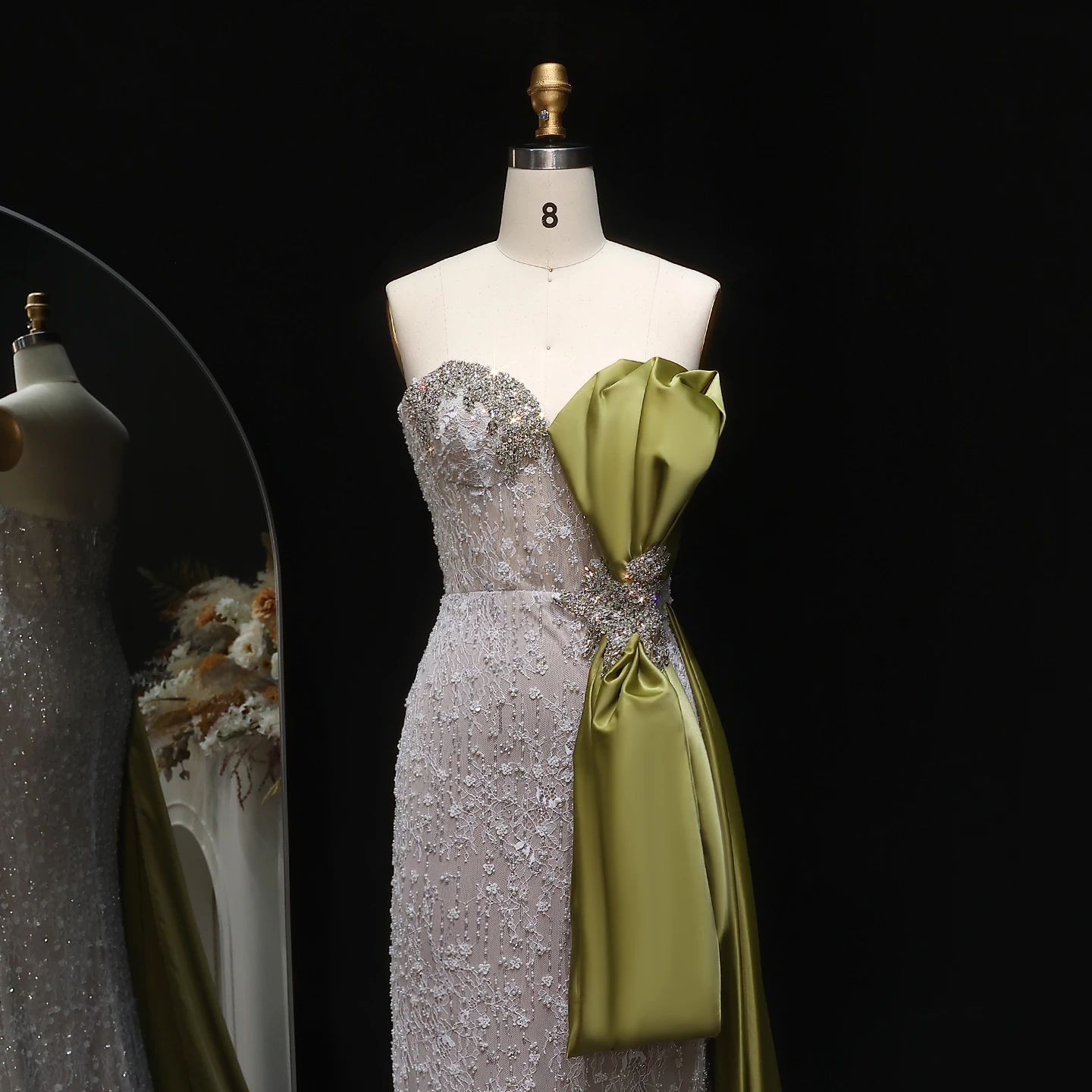 シャロンはドバイオリーブグリーンマーメイドイブニングドレスちょう結びサイドスカート付き女性のウェディングパーティーウエディングドレスSS617カスタマイズ