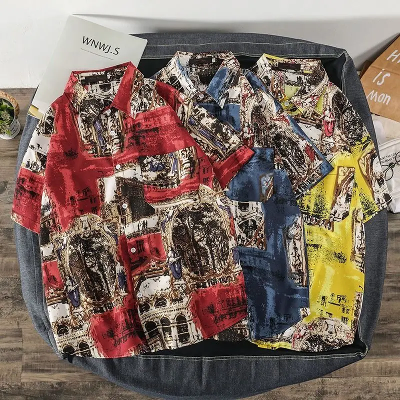 

Оригинальная американская ретро модная брендовая винтажная рубашка с цветными блоками и цветочным принтом, рубашка с короткими рукавами в гавайском стиле для мужчин, летняя