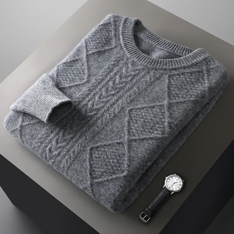 New Men Knitted Twisted Pattern Style Pullover 100% Pure Wool Sweater Round Neck Long Sleeves High quality Thicken Warm Tops