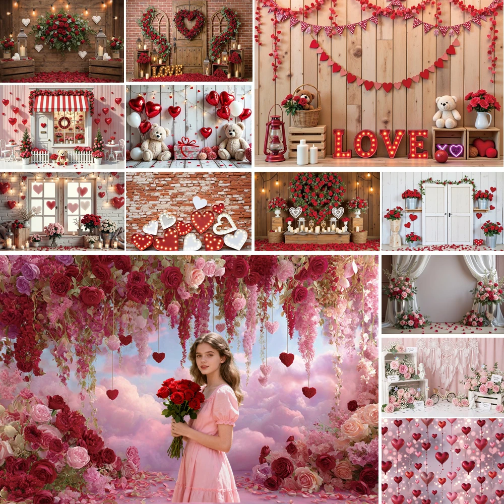 

MOON.QG Valentine'S Day Decor Backgrounds Photographs Red Hearts Rose Love Signage February 14 Backdrop Accessories Wallpaper