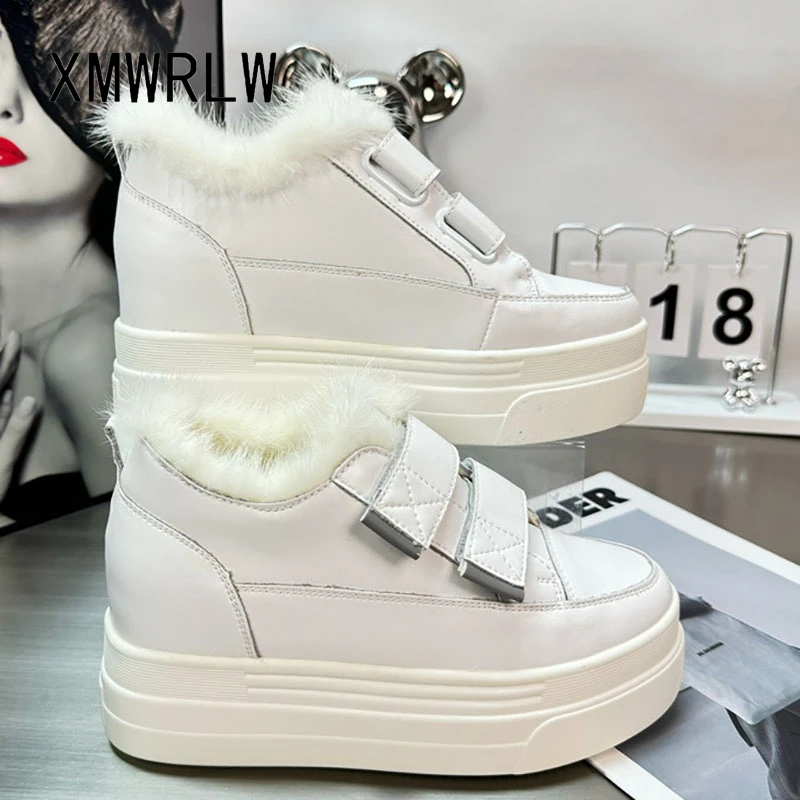 

XMWRLW 2025 Winter Women Platform Shoes Genuine Leather Warm Plush Women Winter Shoes Black White Sneakers Woman Platform Shoe