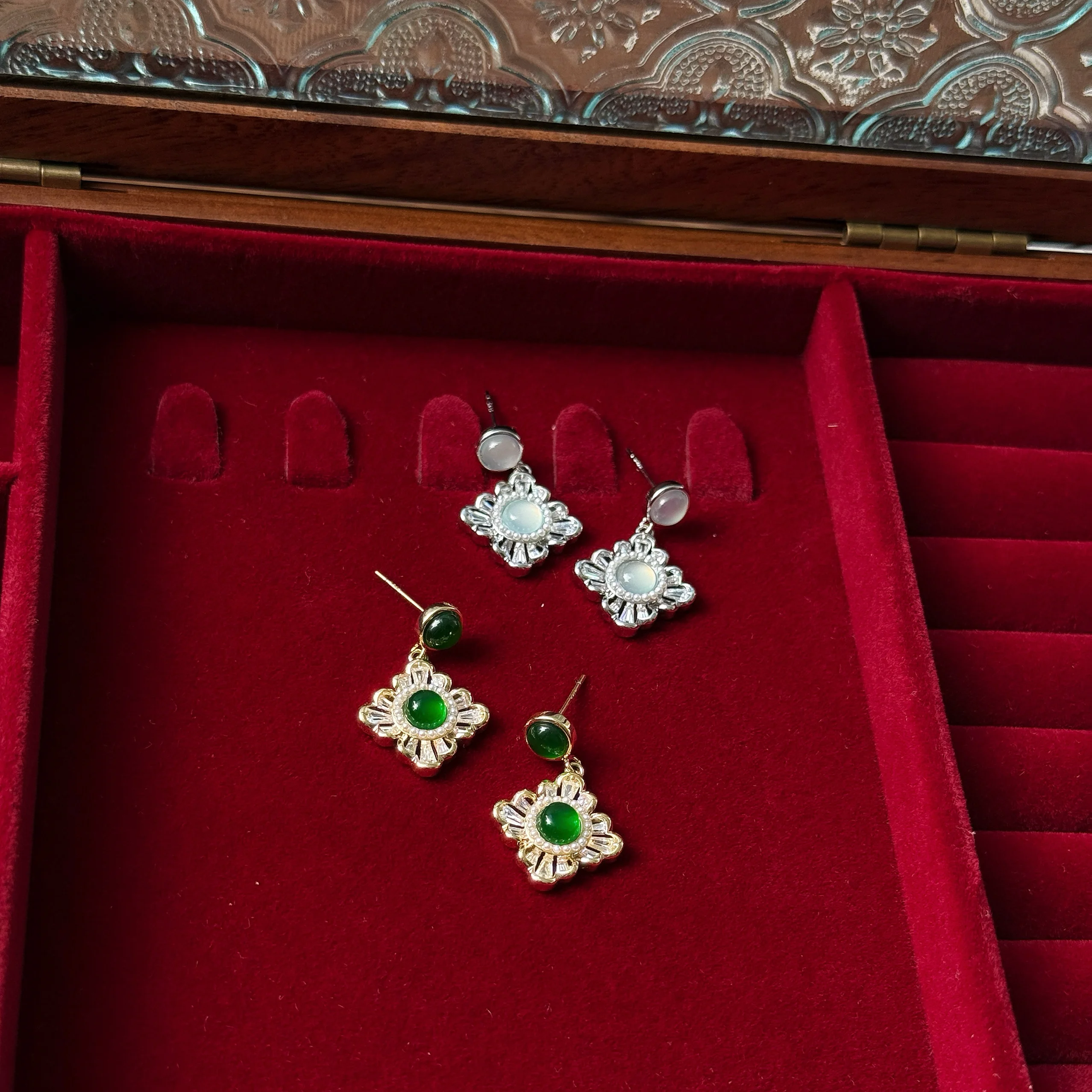 

New Chinese Style Retro Green Agate Heavy Work Zircon S925 Silver Needle Pearl Earrings Traditional Court Detail Earring Jewelry