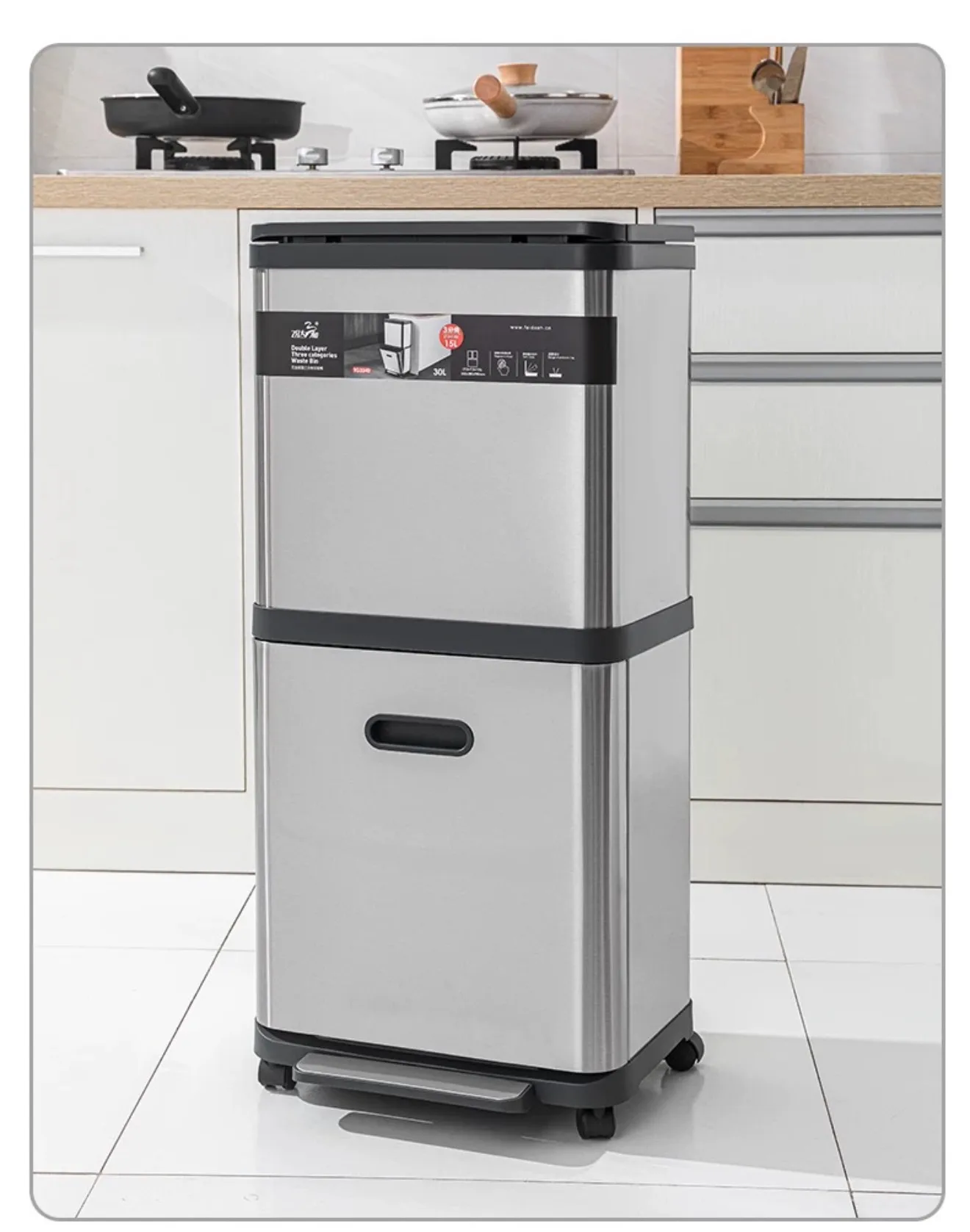 Stainless Steel Double Layer Sliding Lid Trash Can Press & Foot Pedal Sorting Bin with Universal Wheels for Home Kitchen