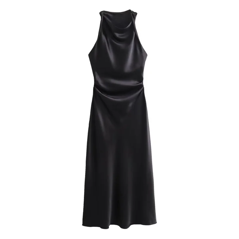 ETJ 2026 Elegantes Satin-Slip-Kleid für Damen Ärmellos mit Wasserfallausschnitt Figurbetontes Midikleid Vintage-Chic Partykleid Robe Femme Bekleidung – Detail 19