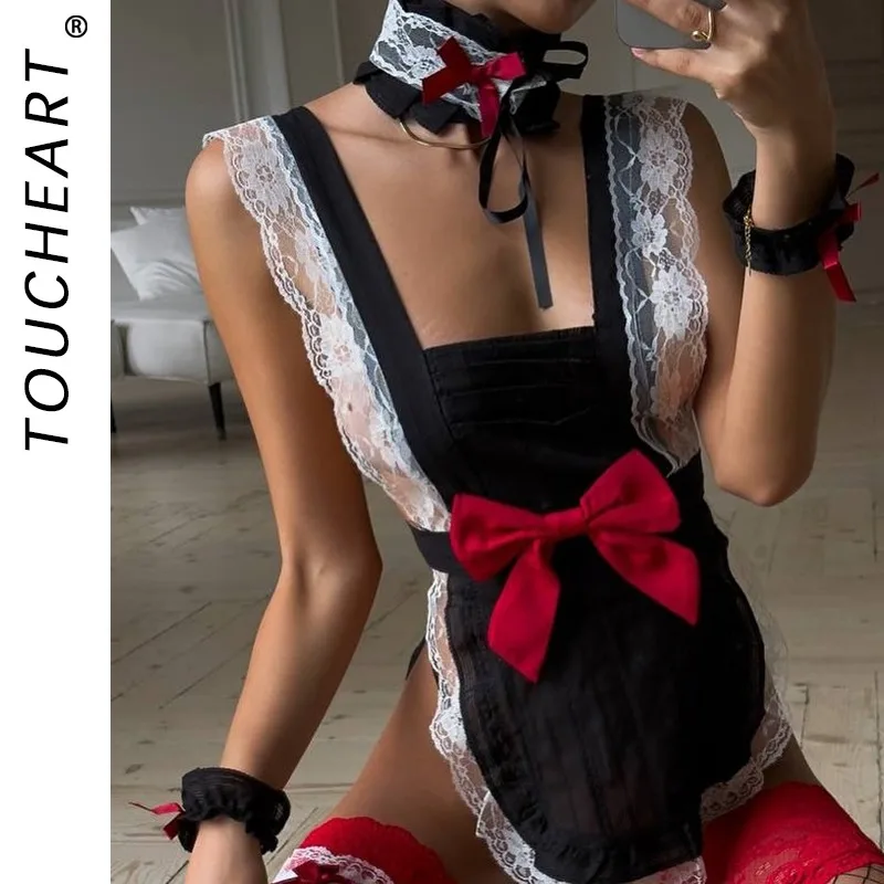 

Toucheart Women Sexy Maid Costume Cosplay Lace Uniform Slim See-through Hollow Bow Knot Premium Interesting Seductive Cute Set