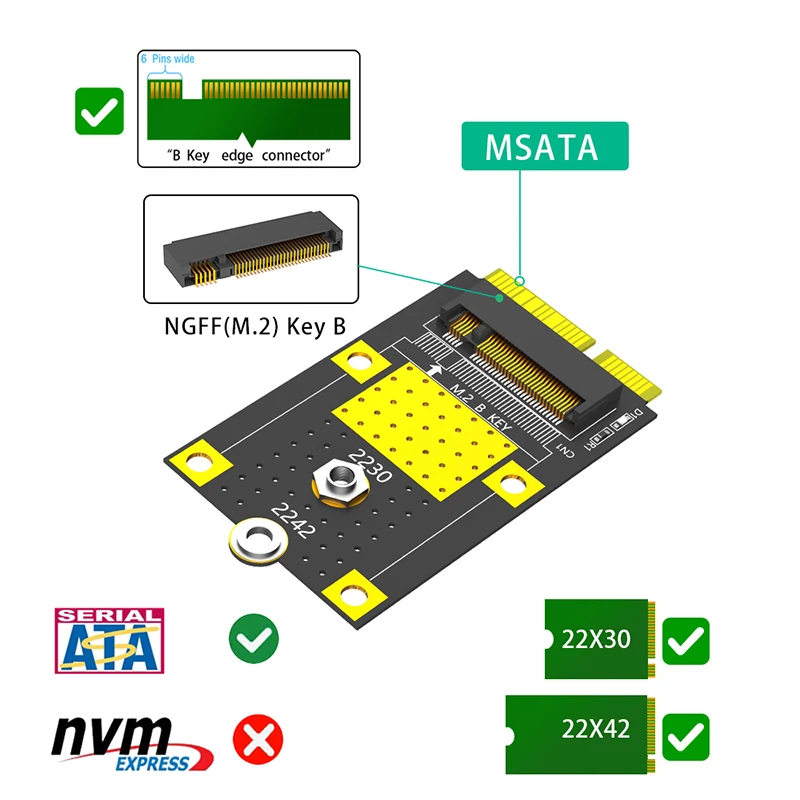 M.2 B Key to mSATA Adapter Card Riser NGFF M.2 SATA-Bus SSD a mSATA maschio convertitore supporto 2230 2242 M2 SSD adattatore da M2 a mSATA