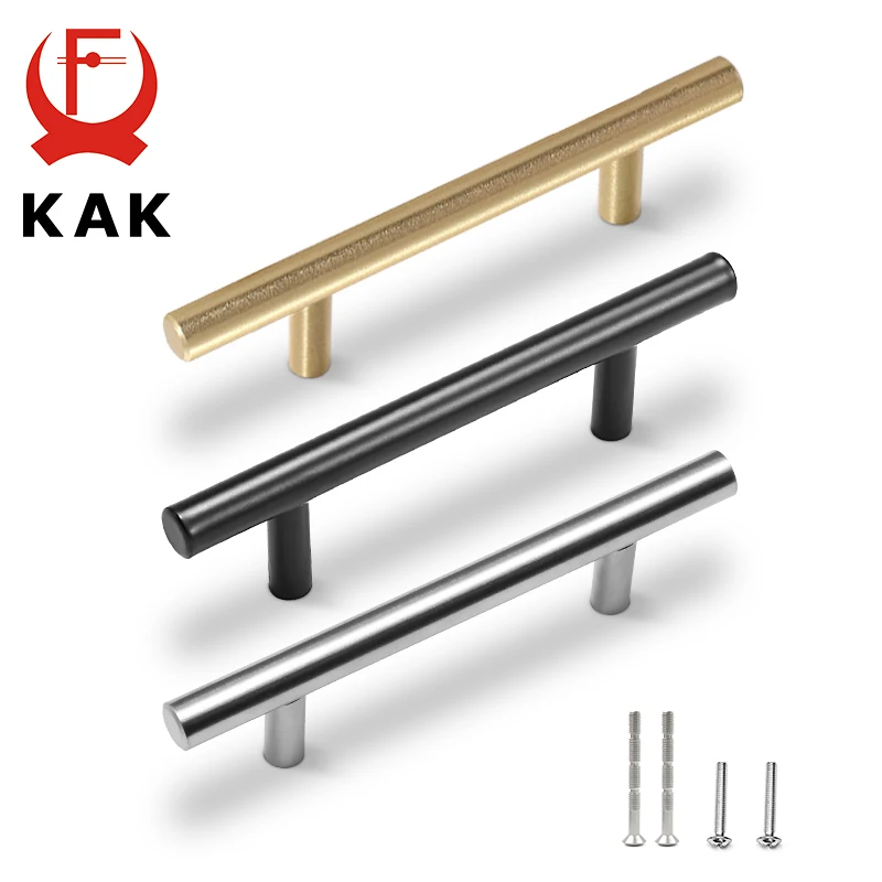 KAK 20pcs Brushed Gold Kitchen Handle Stainless Steel T Bar Door Pull 76mm 96mm Cabinet Knobs and Handles Black Furniture Handle