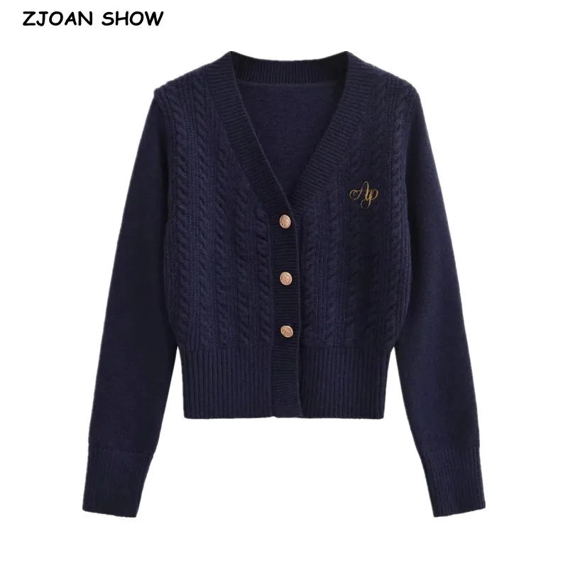 Preppy Style Twist Knit V neck Cardigan Women Full Sleeve Short Sweater Knitwear Navy blue Gray