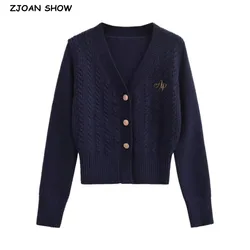 Preppy Style Twist Knit V neck Cardigan Women Full Sleeve Short Sweater Knitwear Navy blue Gray