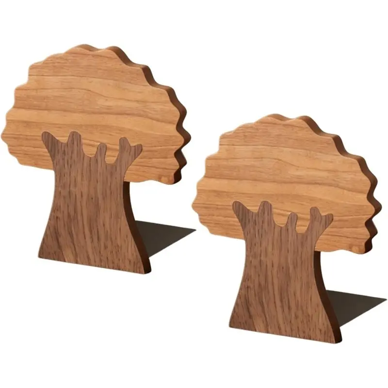 A53M-Wood Walnut & Cherry Tree Shaped Book Ends For Shelves Heavy Duty With Non-Skid Pads, Decorative Book Supports For Home