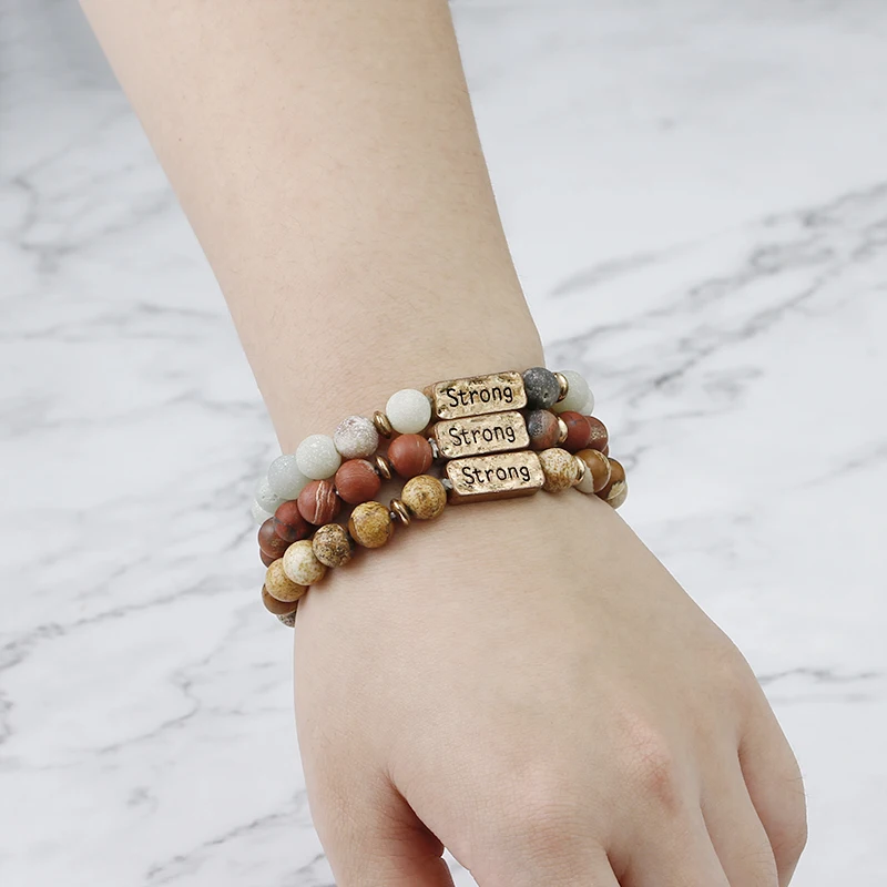 Word Strong Natural Stone Bracelet Motivational Letter Stretch Bangle 3 Colors Beads Chain For Friends Sister Hope Bless Gift