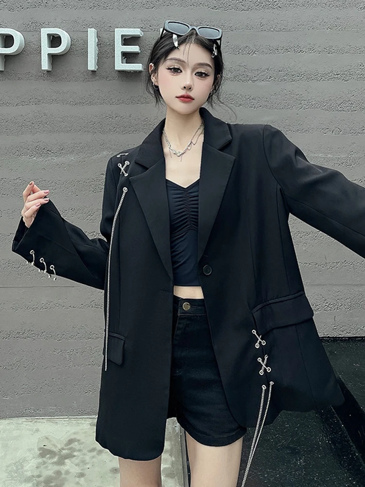 SONNEESD Streetwear Harajuku Style Fashion Neutral Personality Chain Design Coat Vintage Loose Black Stereo Cutting Suit Coat