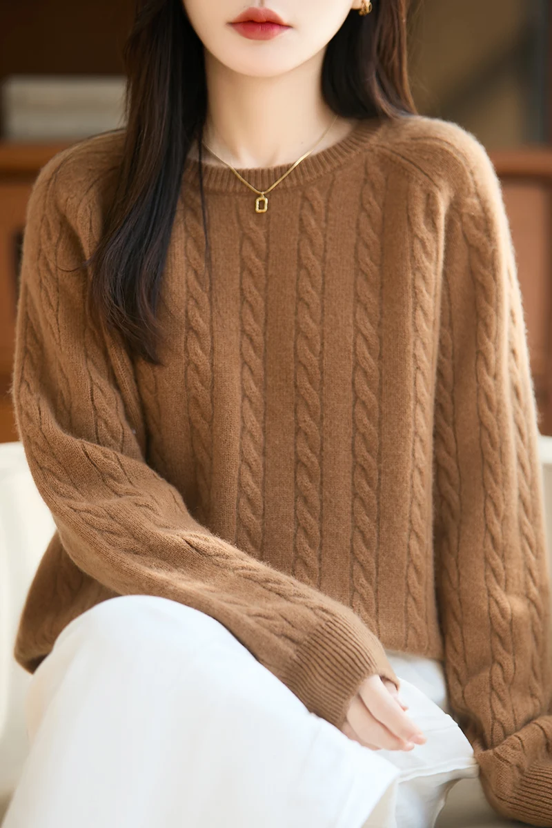 

Женский пуловер из 100% мериносовой шерсти, утолщенный, с круглым вырезом, вязаный, с узором косы, осенне-зимний, однотонный, повседневная базовая одежда, топы