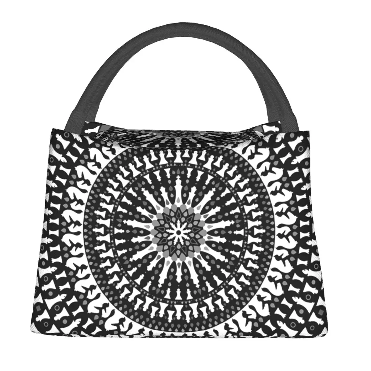 Chess Pieces Mandala Grayscale Chessboard Insulated Lunch Bag for Women Kids Portable Food Boxes Thermal Lunch Box Tote