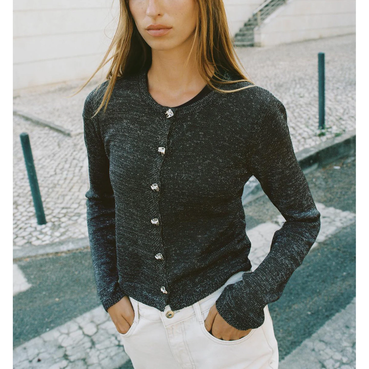 Otoño nuevo mujer redondo Ne Long Sve recto tejido línea de Metal botón cárdigan prendas de vestir exteriores Casual Sle fibra de poliéster