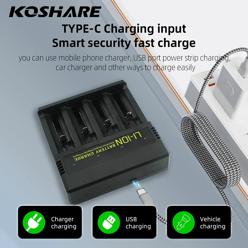 KOSHARE 3.7V 4 Slot Li-ion LED Smart Battery Charger For 18650 26650 14500 16340 18500 21700 Lithium-ion Rechargeable Batteries