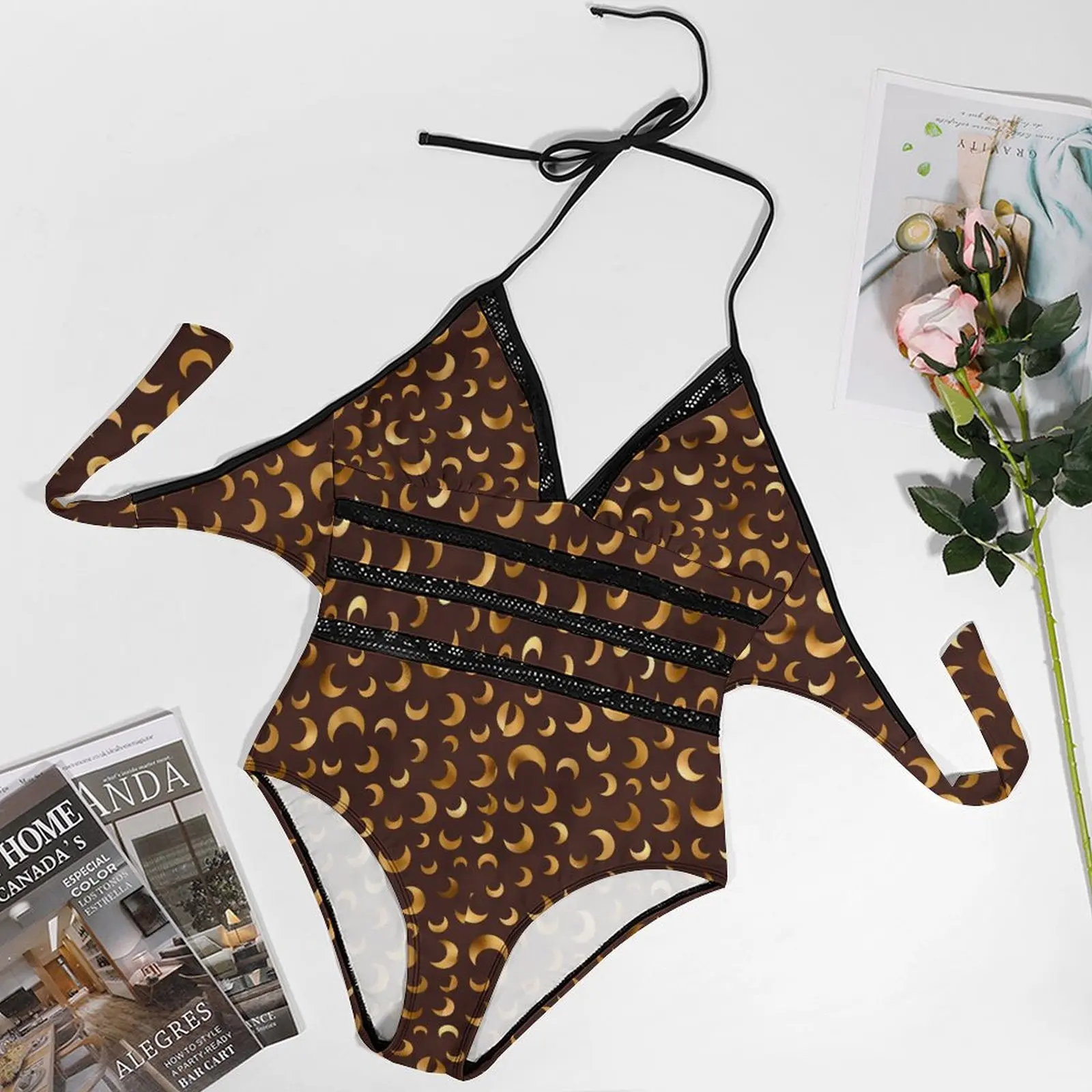 الهلال القمر تصميم ملابس السباحة الرجعية طباعة رفع ملابس السباحة قطعة واحدة عميق الخامس Monokini مثير المايوه الأنيقة زائد الحجم