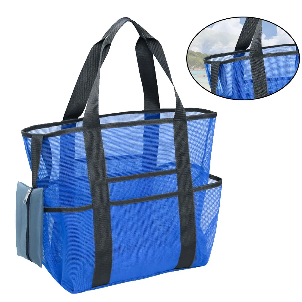 

1Pcs Large Mesh Beach Bag Reusable Lightweight Tote Quick Drying Zipper Pocket Multipurpose Market Picnic Carry Bag