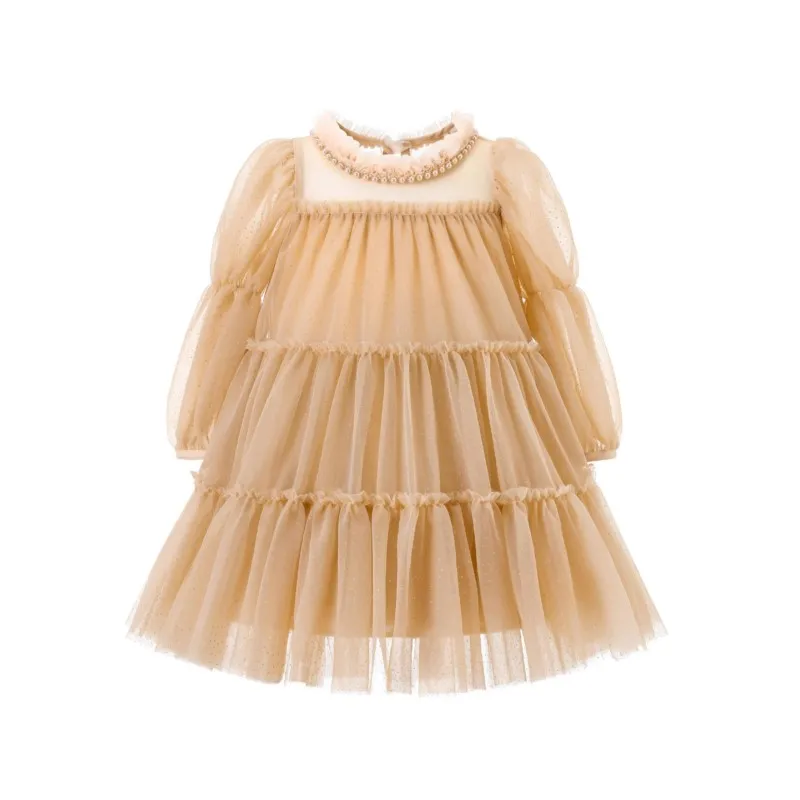 Baby Girl Princess Pearl Dress Puff Long Sleeve Toddler Child Vintage Tulle Vestido Summer Spring Autumn Baby Clothes 2-10Y