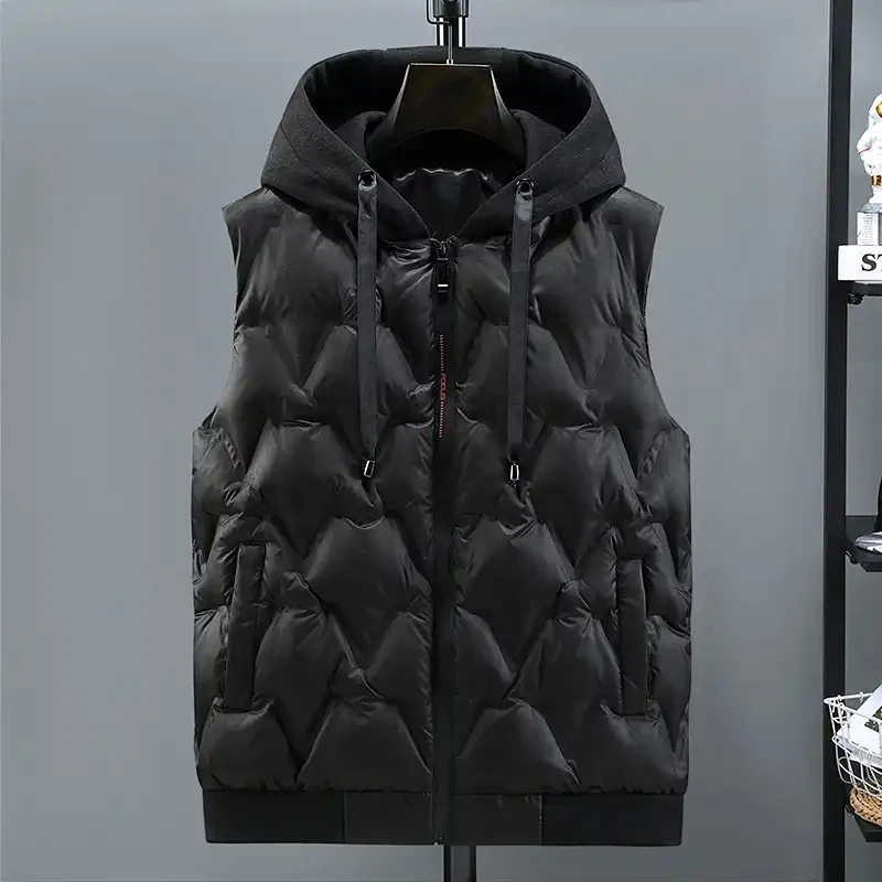

Men's Winter Quilted Hooded Vest With Zipper And Pockets Casual Outdoor Wear Thick Warm Mid Length Design