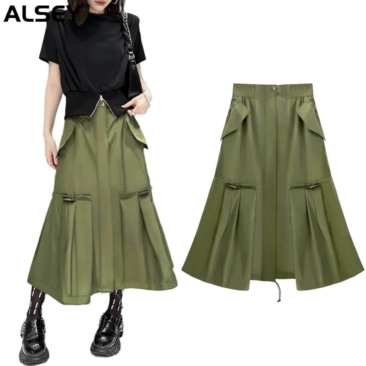 ALSEY Pleated Wind Women's Half Skirt Zipper Design 2023 Summer New Thin High Waist Slim Peplum Casual Fashion A-line Skirt