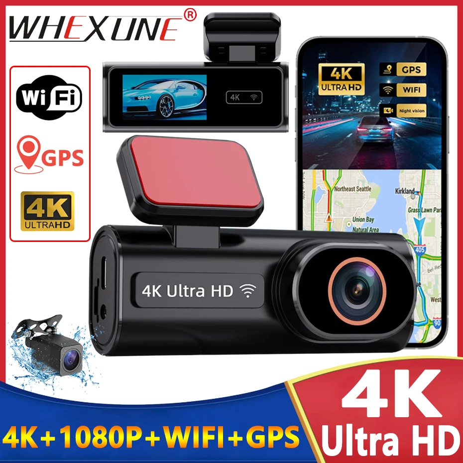 4K UHD Dash Cam Dual Lens Recording Car Camera DVR Night Vision Video Recorder Built-In Wi-Fi Support GPS 24H Parking Monitor