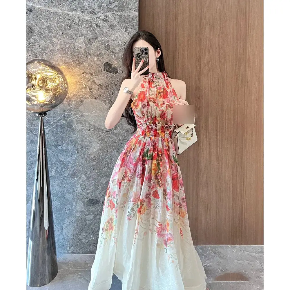 

Ele Floral Long Dr Women's oulder Bared A-Line Skirt High Waist Slimming Advanced Feeling Dres Ne Hanging