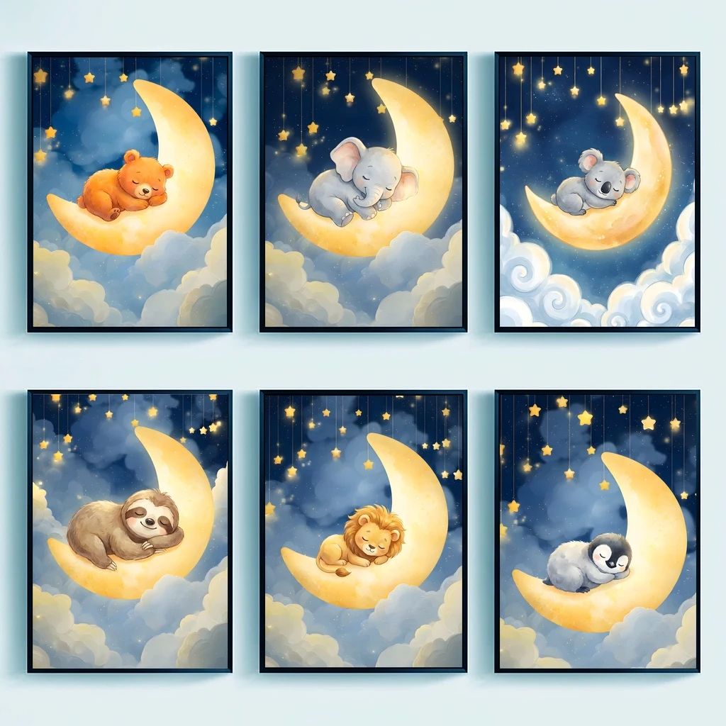 Nursery Wall Animals ArtSleeping on Moon Canvas Painting Nordic Style Poster Prints for Baby Bedroom Wall Decor