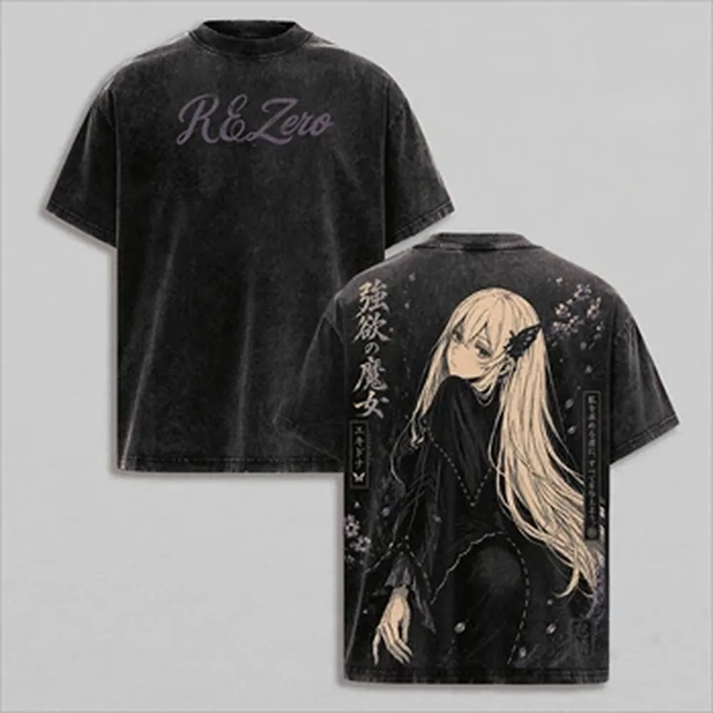 Re:ZERO Echidna Anime T-shirt Y2k Vintage Washed T Shirt Casual Short Sleeve Oversized Cotton Tees Streetwear Men Clothing