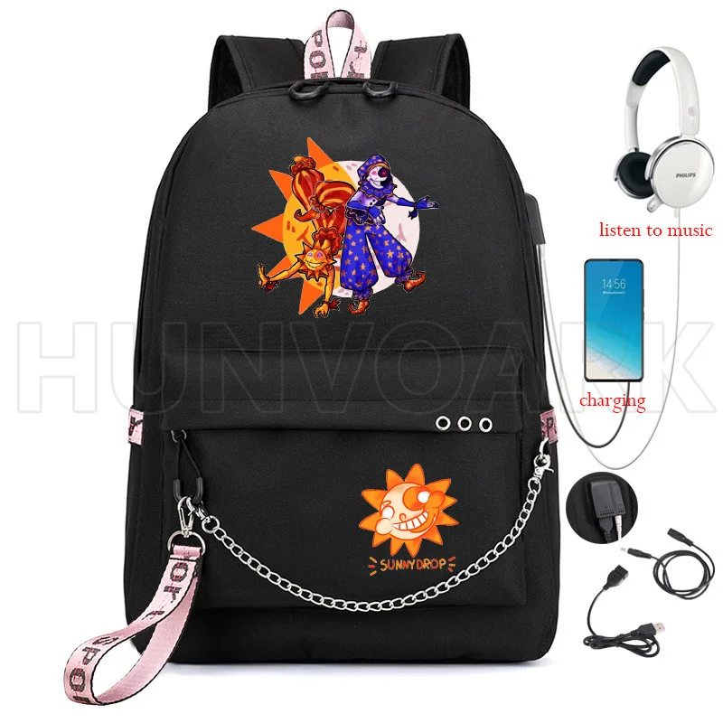 FNAF-Mochila multifuncional Sundrop e Moondrop para homens e mulheres, mochila escolar de grande capacidade, mochila de carregamento USB para laptop