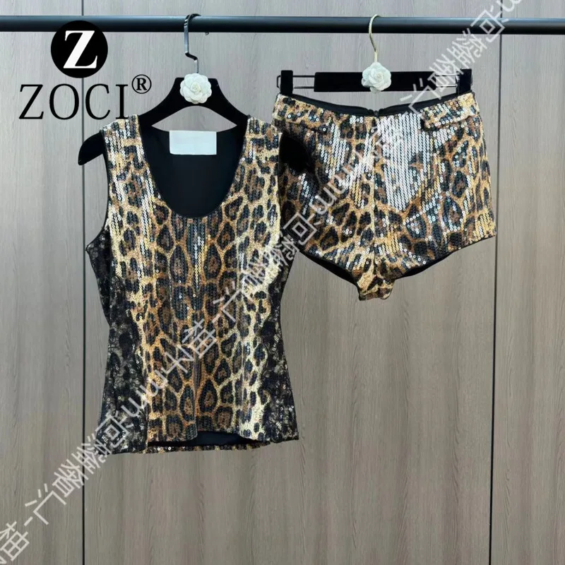 [ZOCI] New Round Neck Sleeveless Heavy Industry Sequin Patchwork Lace Leopard Print Vest Paired Shorts Two-piece