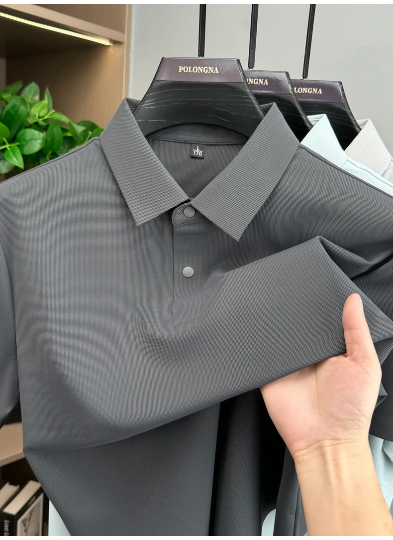 Modisches, einfarbiges Kurzarm-Poloshirt aus luxuriöser atmungsaktiver Eisseide für Herren Sommer Business Casual, bequem, vielseitig, T-Shirt – Detail 9