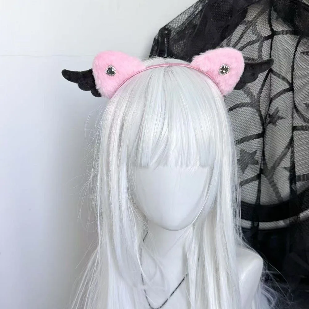 Lolita Kawaii Angel Wing Cat Ear Headband KC Hair Band Anime Y2K Girl Maid Headdress Cosplay Anime Hair Accessories Head Wrap