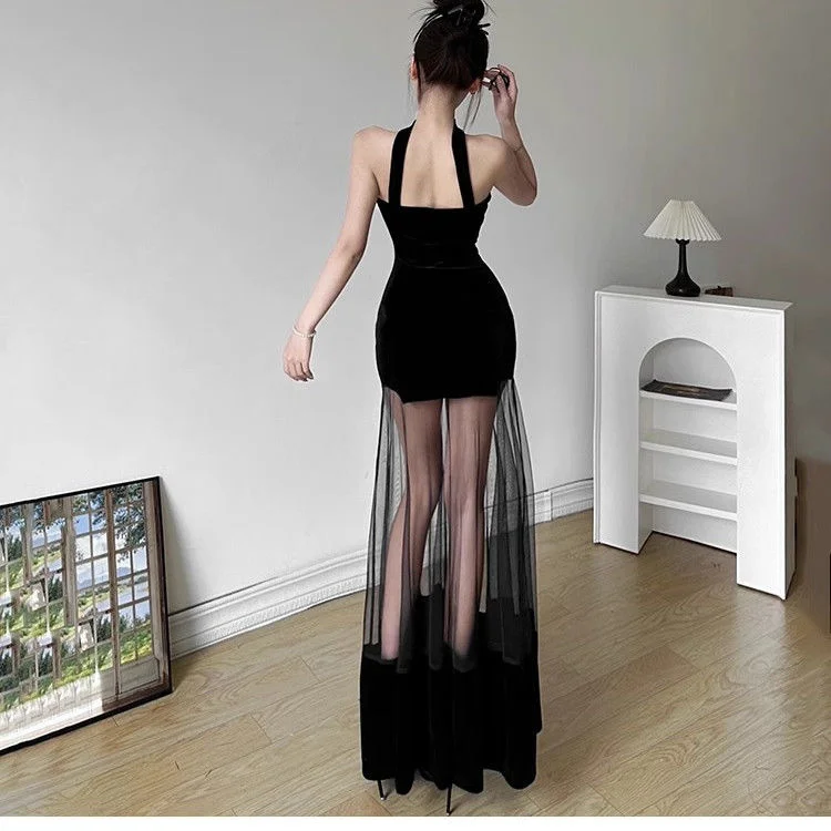 Elegant Black Velvet Gothic Party Halter Dresses Women Y2k Mesh Patchwork Backless Dress 2025 Sheer Skinny Evening Sexy Clothing