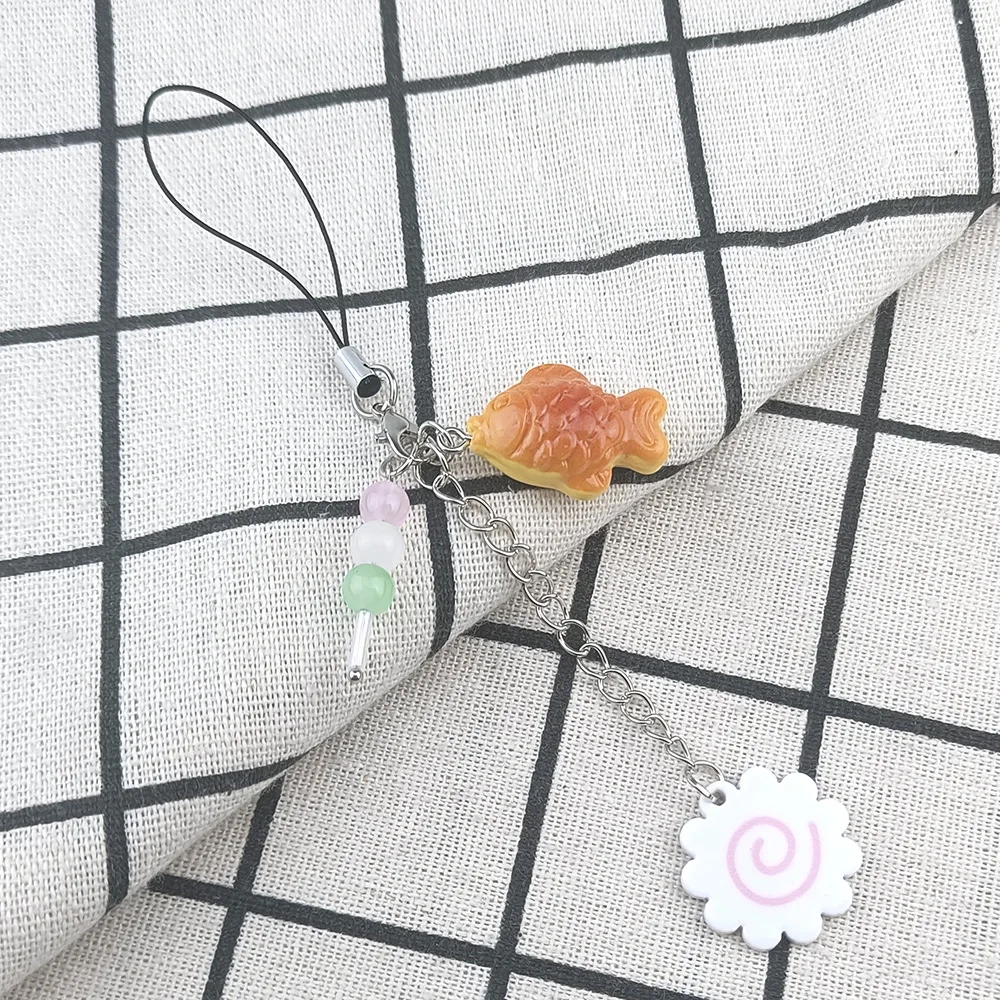 Cute Japanese Street Food Phone Chain Lanyard Charms Fish Cake Dango Keychain Bag Keyring Accessories Friends Gift ﻿