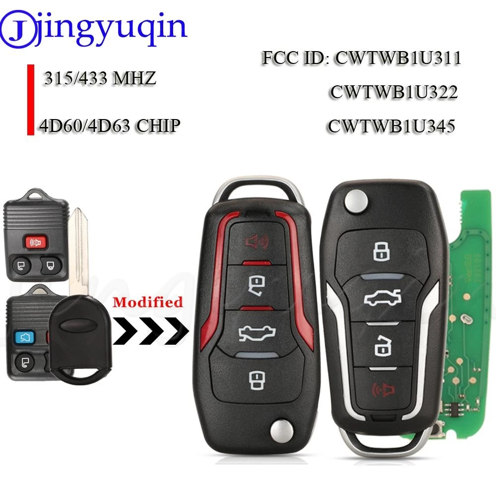 Jingyuqin-Clé de voiture à distance modifiée, clé à rabat pour Ford F150 Explorer Focus Edge Escape Ranger Mustang Flex Mercury Lincoln, 315 Mhz, 433Mhz