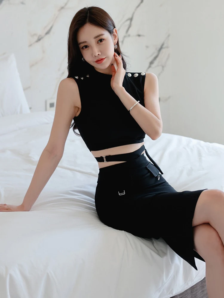 Moda verão preto 2 peças roupas femininas elegante recortado curto topos camisa blusa e cintura alta midi saia mujer conjunto