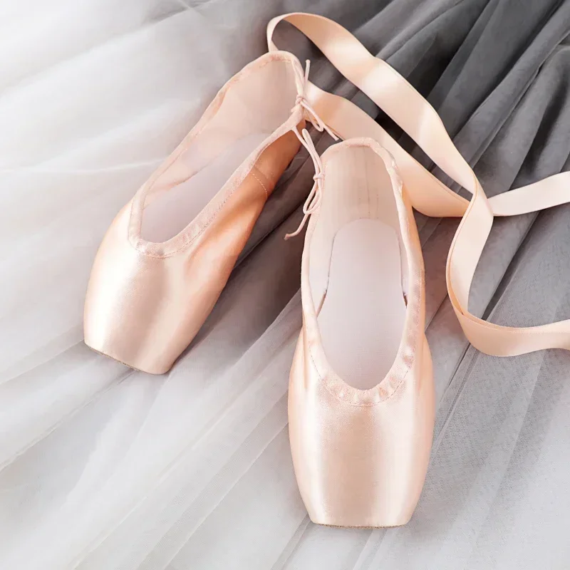 Professionelle Ballett-Spitzenschuhe mit echter Ledersohle, Damen-Ballettschuhe aus Satin mit Bändern für professionelle Ballerina