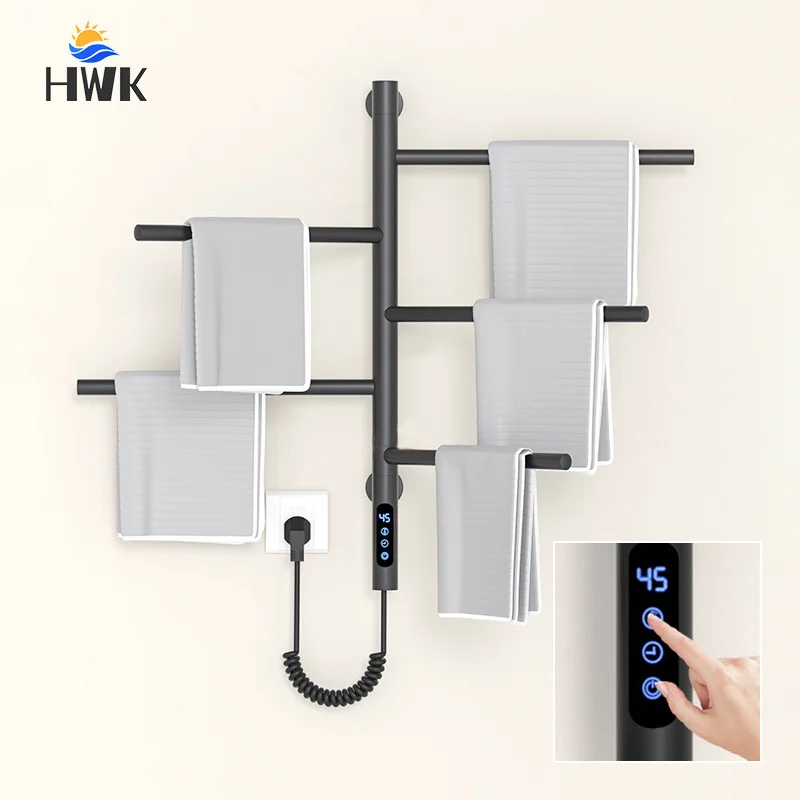 Black Rotatable Bathroom Towel Warmer Temperature Time Control Electric Towel Rack Wall Mounted Fast Drying Heated Towel Rail