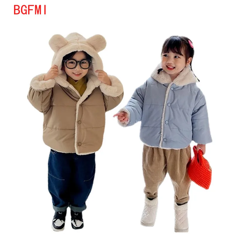 

Korean Kid Girl Cute Baby Coat Neutral Thickened Solid Color Coat Winter Warm Hooded Boys Jacket Girls Casual Bear Coat 1-7 Yrs