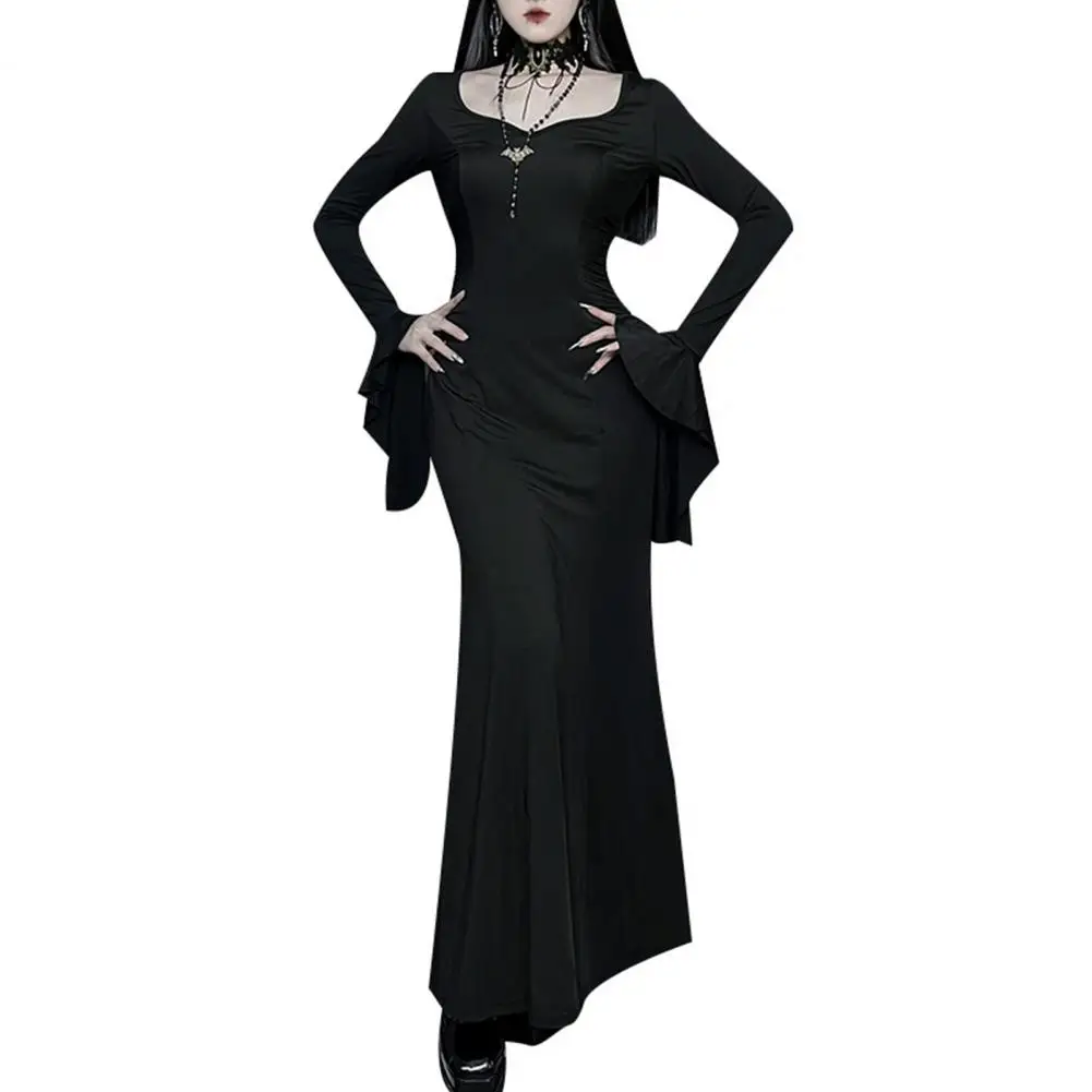 Halloween Dress Women Fish Tail Hem Slim Fit Irregular Ruffle Cuff Bell Sleeves U Neck Cosplay Performance Maxi Dress