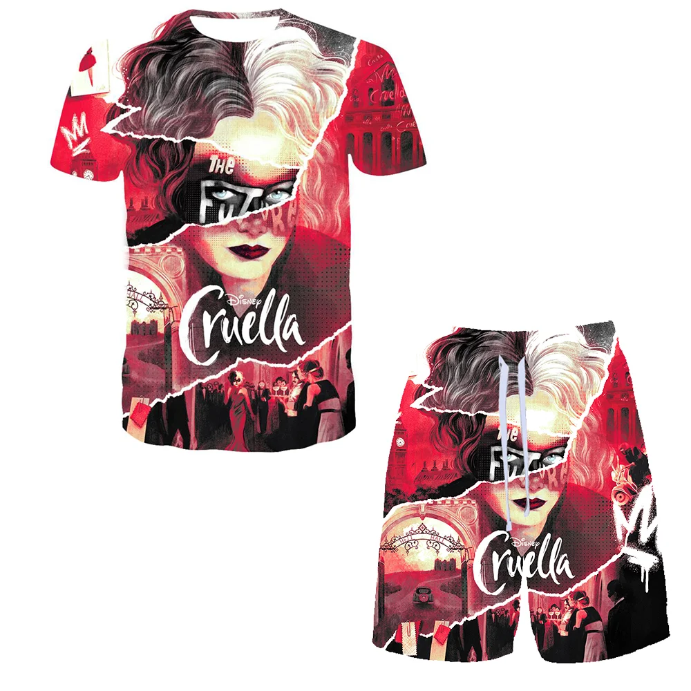 Disney Cruella de Vil 3D T-Shirt Set Men Women Short Sleeve Casual Breathable Tees Tops Boys Girls Kids Cool Short Pants Suits