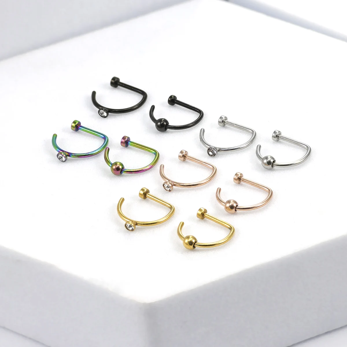 2 Pcs/Set Punk D-Shaped Stainless Steel Inset Rhinodiamond-Round Ball Fake Nose Ring Nose Clip For Women And Men On Nose Jewelry image 4