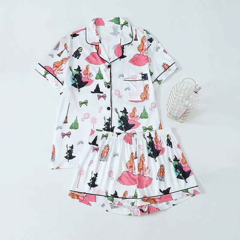 

2Pcs New Halloween Women Sleepwear Lapel Button Top With Elastic Waist Shorts Suit Comfortable Losse Homewear Female Clothing