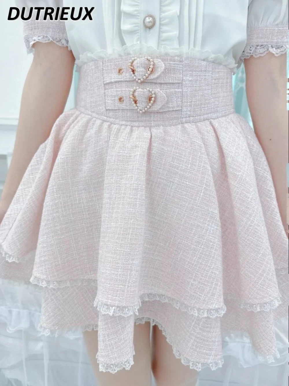 

Japanese Mine Double Heart Buckle Tweed Lace Layered Pantskirt Sweet Cute Girl Versatile High Waist Pure Color Short Skirt