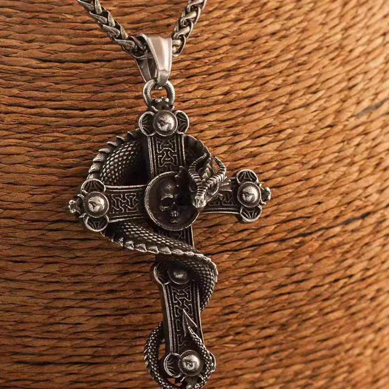 Dark Retro Gothic Cross Dragon Winding Pendant Necklace Men\'s Personality Punk Hip Hop Trend Jewelry